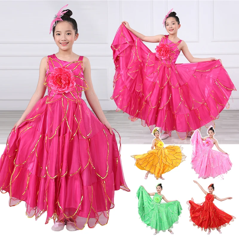 

Girls Spanish Gypsy Dance Dress Kids Chorus Opening Stage Performance Costume 360-720 Degree Bullfighting Flamengo Dress