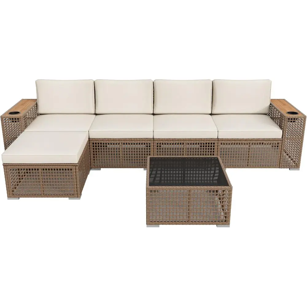 

6-Piece Outdoor Sectional Sofa Set with Coffee Table and Ottoman, Rattan Wicker Patio Furniture for Deck, Porch, or Poolside