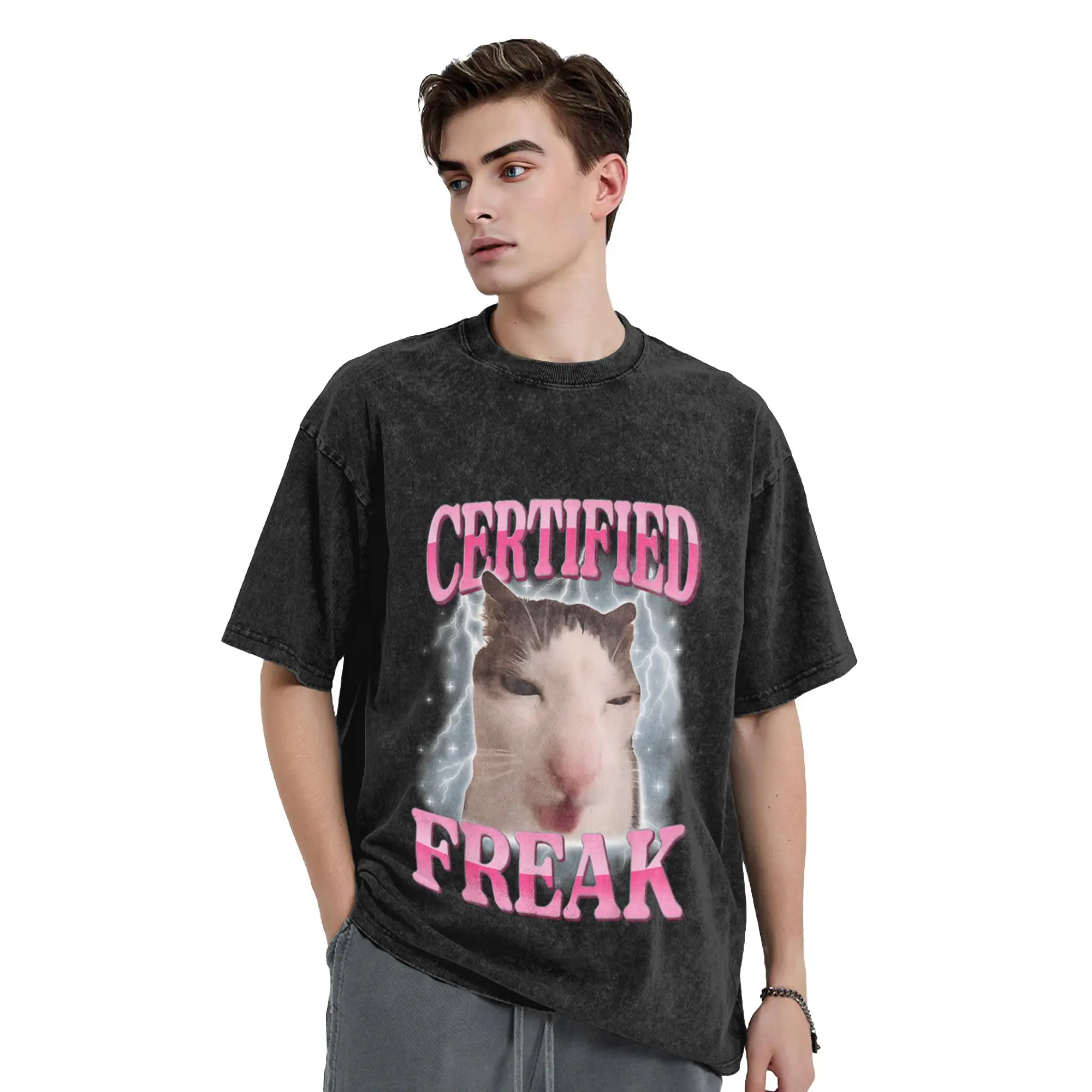 Cat Meme Greetings Huzz Funny Cat Meme Bootleg Men Women Unique Comfort A Washed T Shirt Men's Oversized Cotton Tees Tops