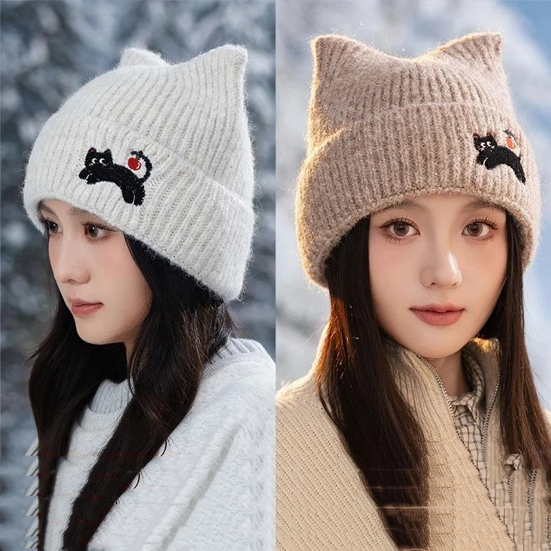 قبعة شتوية دافئة من القطيفة على شكل أذن القطة على شكل جمجمة للنساء على الطراز الكوري قبعة بلوفر ثلج حراري للاستخدام الخارجي للفتيات
