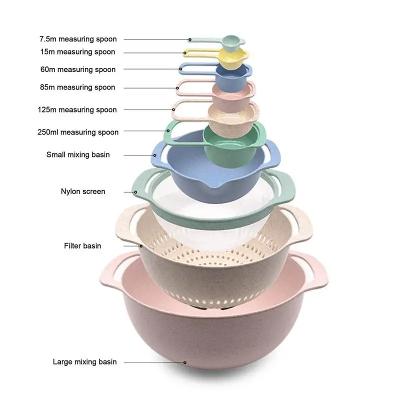 Nesting Bowls Set 10pcs Measuring Cups Sifter Colander Mixing Bowl Set Ergonomic Kitchen Accessories Multifunctional Mixing