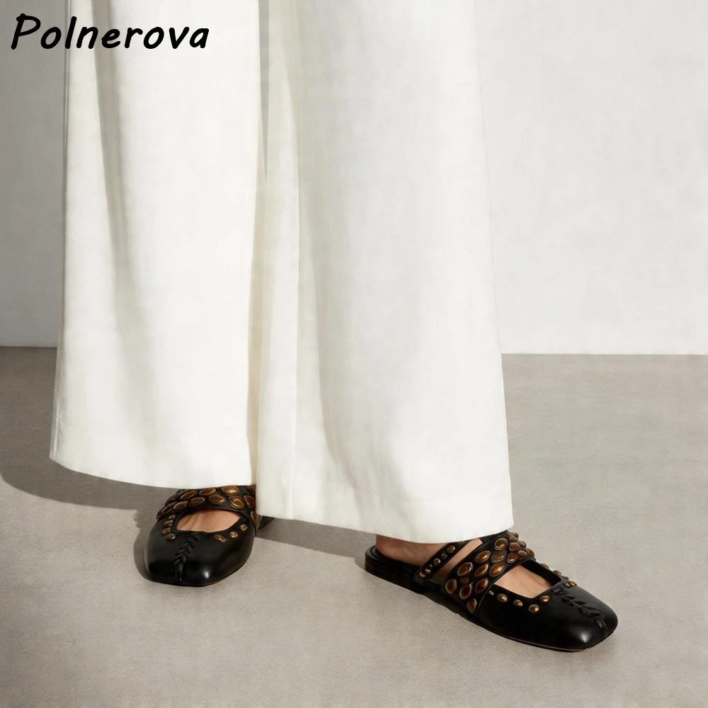 Rivet Double Strap Mule Slippers Square Toe Flat Hollow Suede Leather Slip On Shoes Summer Hollow Daily Boho Retro Women Shoes