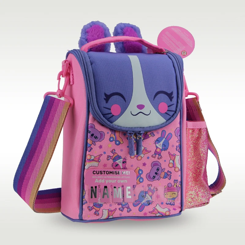 Bolsa de escola crossbody para meninas, saco de almoço infantil original, saco de frutas Bento, saco roxo coelho, 9"