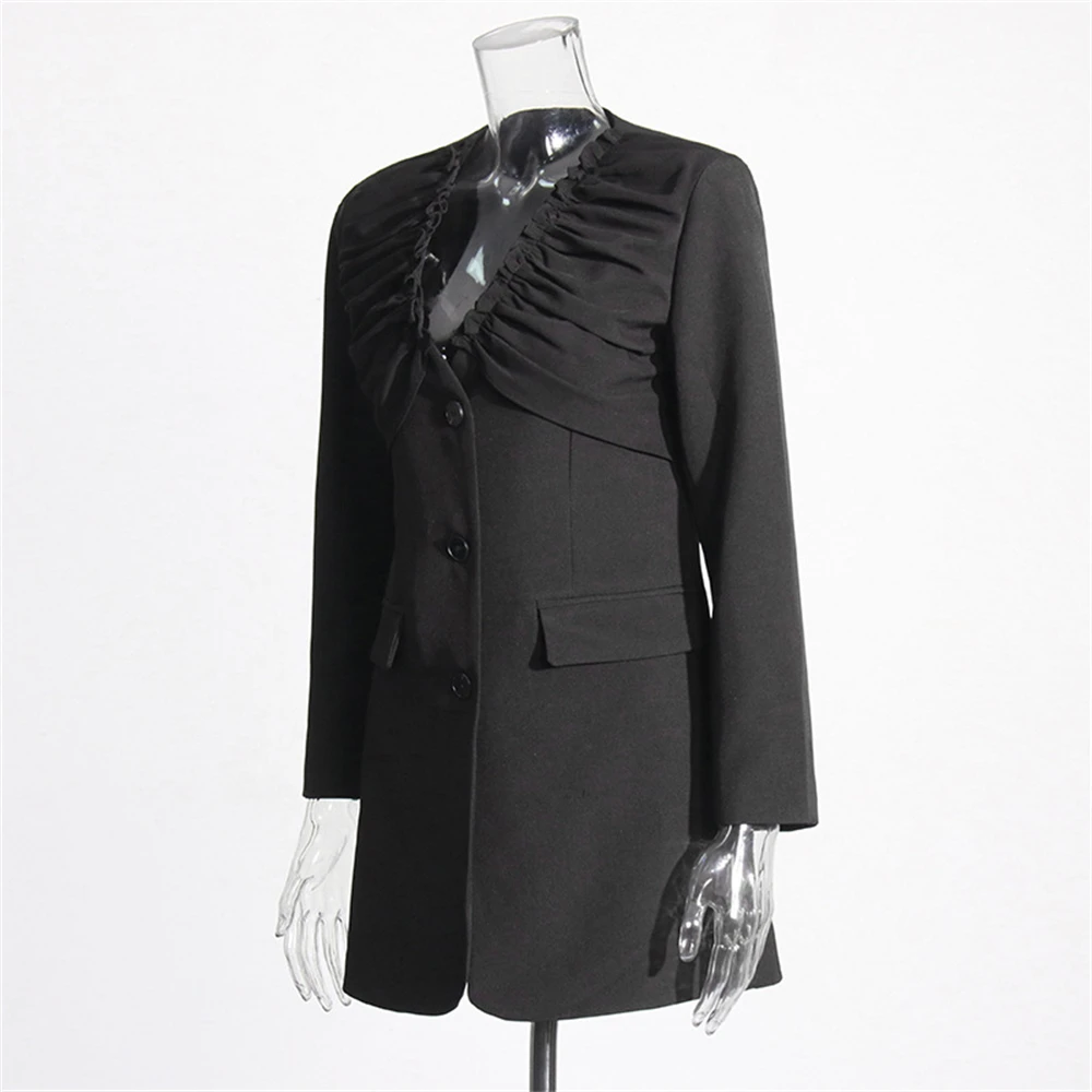 Fashion Commuting Stylish Black Suit Jacket for Women Niche 2024 Summer New V Neck Pleated Blazer Black Business Suits