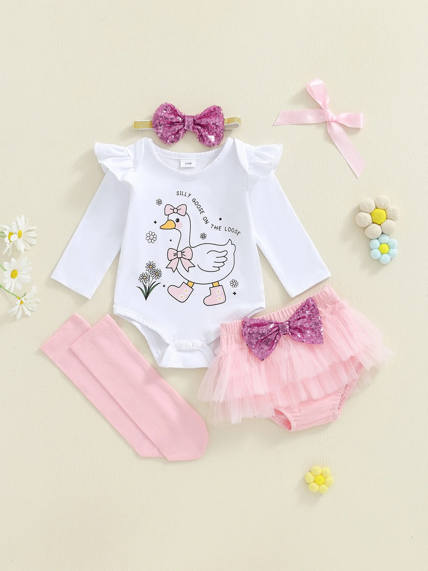 Adorable Baby Girl Outfit Stylish Long Sleeve Romper with Cute Duck Print Tulle Skirt Matching Headband and Stockings - 4