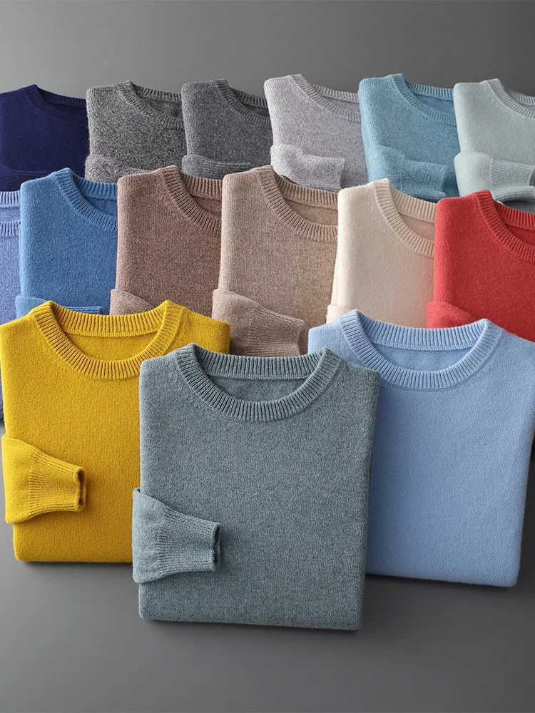 ขนสัตว์ Merino 100% ผู้ชายรอบคอหนาฤดูใบไม้ร่วงฤดูหนาว Casual แฟชั่นสีทึบถักเสื้อกันหนาว