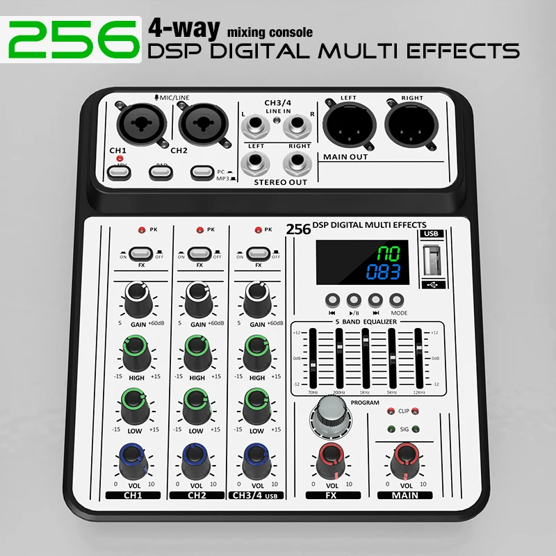 Professional 4-Channel 256DSP Audio Mixer 48V Phantom Power USB Studio Karaoke Bluetooth DJ Console Mixer