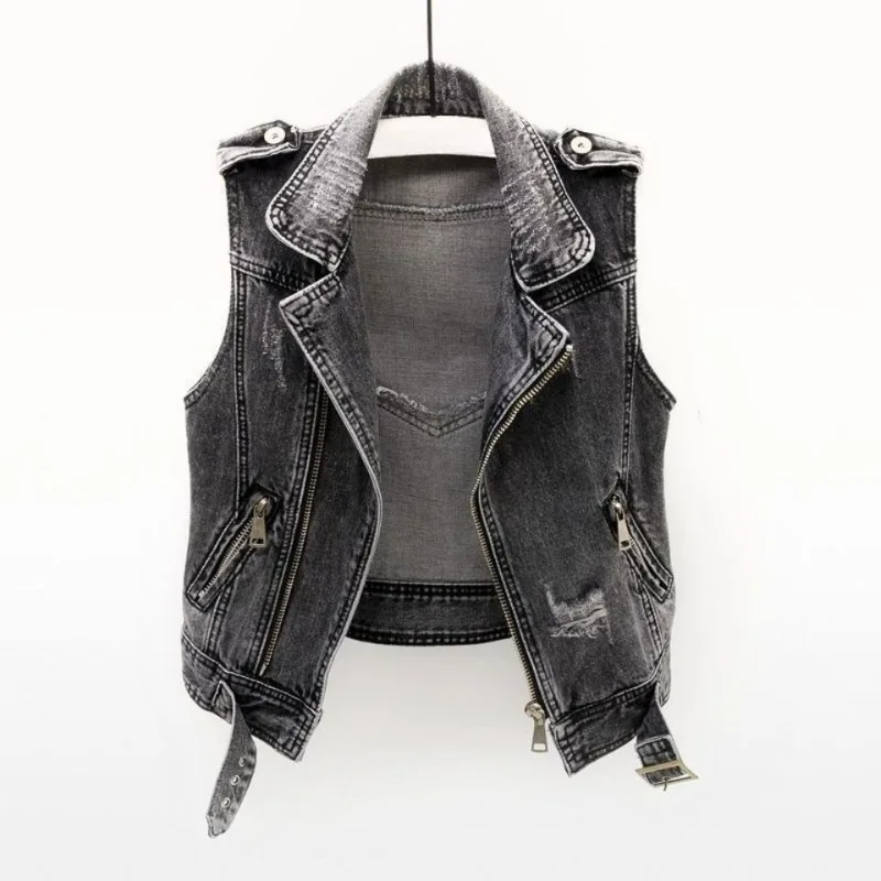 

Denim Vests Women High Street Vintage Sleeveless Summer Fashion Turn Down Collar Casual Solid Chic Aesthetic Retro All-match New