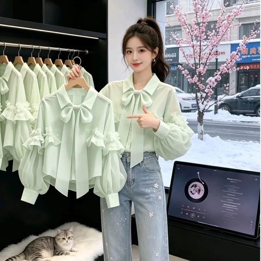 Early Autumn New Style Women's Long Sleeve Shirt Green  Knot Lace Trim Unique Beautiful High-End Feeling  Collar