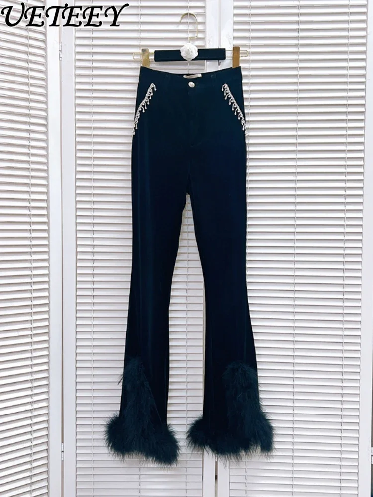 

Spring and Autumn New Black Casual Trousers Tassel Rhinestone-Encrusted Chain Gold Velvet Slim Feather Bootleg Pants for Women