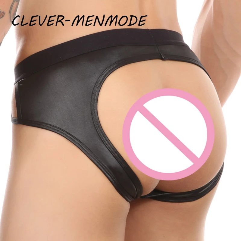 Men\'s Sexy PU Underwear Faux Leather Briefs U Convex Thong Bulge Penis Pouch Backless Bikini Open Butt Jockstrap Fetish Lingerie