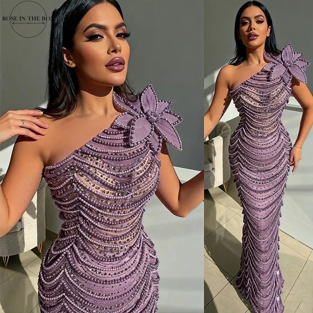 

ROSEINTHEBOX Customized One-shoulder Lace Pearls Evening Dresses with Flower Bodice Sexy فساتين سهرة For Sexy Women
