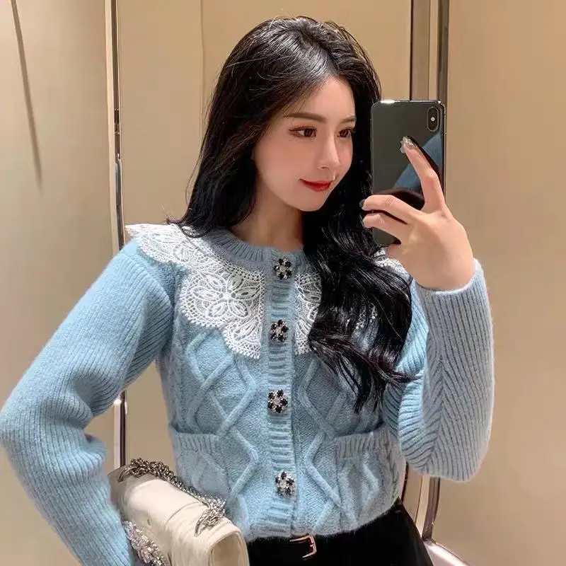 

Women blue knitted lace cardigan sweater retro O-neck long sleeve sweater 2023 spring casual solid color cardigan women