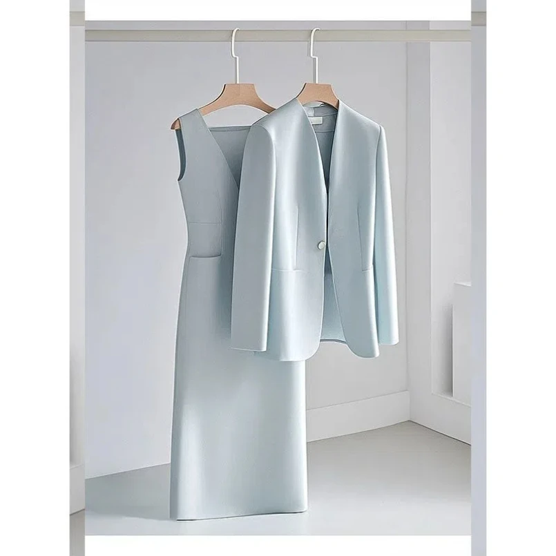Fashionable and Elegant Women\'s Set Spring and Autumn Western Style High-end Feeling Blue Jacket Casual Dress Two-piece Set