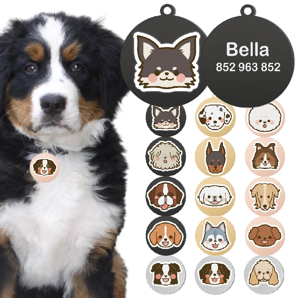 Etiqueta de identificação personalizada para cães de estimação, nome do avatar de desenho animado, pingente personalizado, acessórios, placa de identificação, aço inoxidável, suprimentos para cachorros