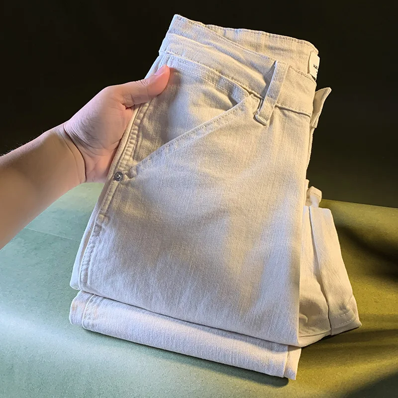 2025 الخريف الدنيم الرجال غسلها الاتجاه النسخة الكورية بارد عارضة فضفاض مستقيم الساق السراويل البيضاء الرجال