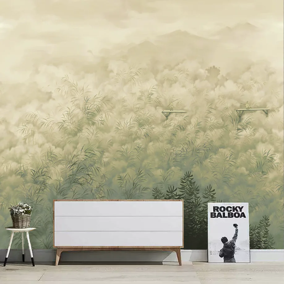 

Customized French mural TV background wall painting light luxury European hand-painted oil flower plant reed artistic wallpaper