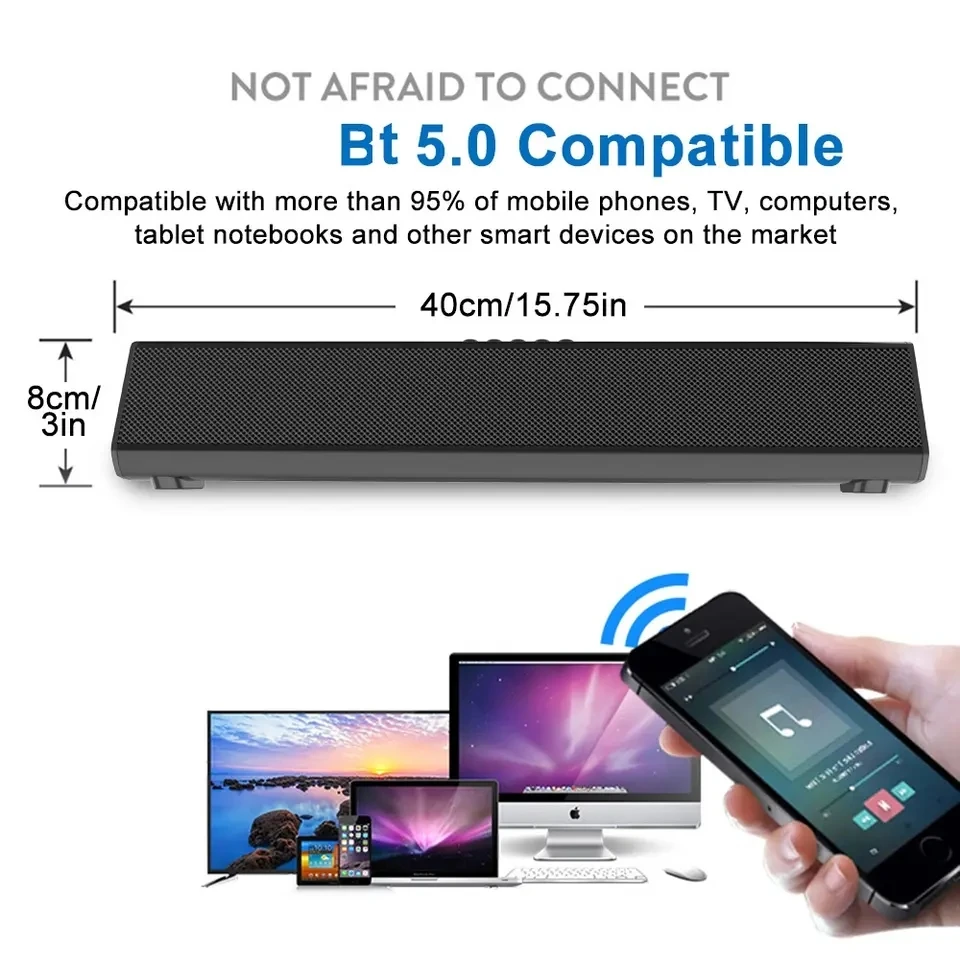 Petite barre de son pour TV cinéma avec Bluetooth, connexion USB AUX, système audio 2.1, adapté aux haut-parleurs portables sans fil d'extérieur