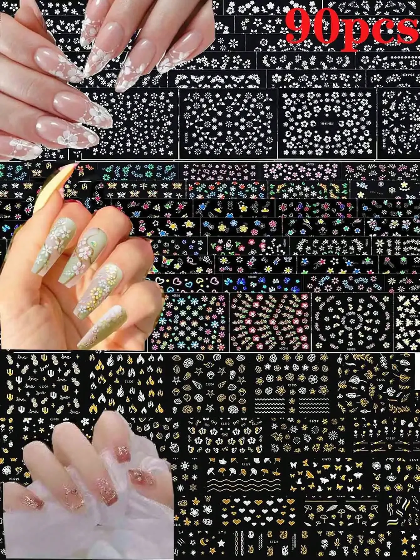 

90 Nagelaufkleber für kurze Nägel, 3D selbstklebende weiße Blumen-Nagelaufkleber mit Strass-Design, mehrfarbige Laser-Gold-Nagel