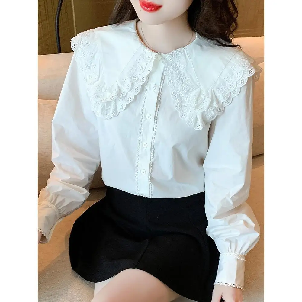 Doll collar lace shirt women\'s new design white shirt stylish small shirt French top