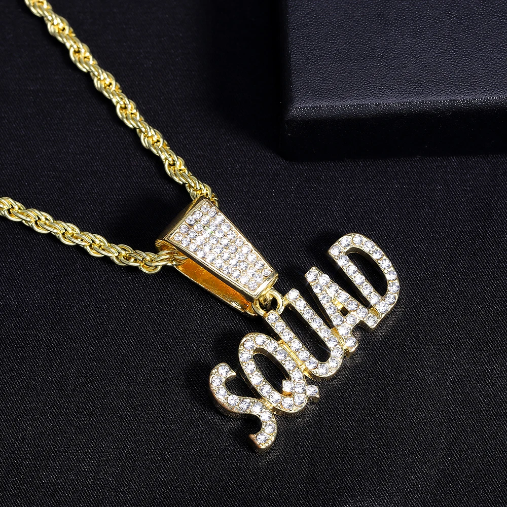 Iced Out SQUAD Letter Shape Pendant Necklace With Smooth Rope Chain Fashion Hip Hop Style Exquisite Jewelry For Men Women