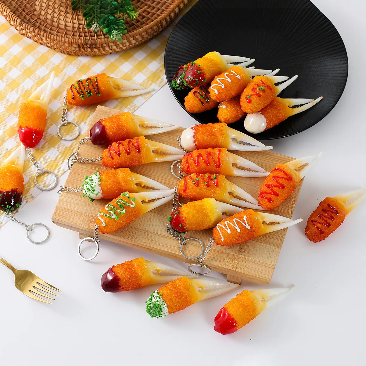 Salsa de inmersión de camarones Tempura, garras de cangrejo, modelo de ostras de ajo, vieiras, bolsa, colgante, accesorios de joyería, llavero