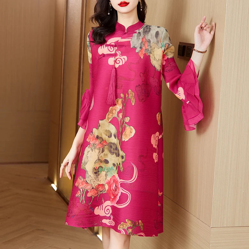 

2023 New Fashion Stand Neck Printed Dress Women's Autumn Retro Versatile Chinese Style 3/4 Sleeve Loose Fit Vestidos