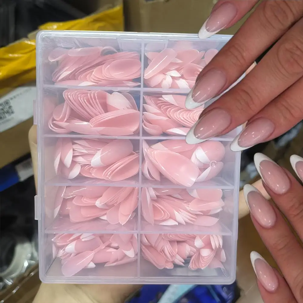 360/150 قطعة أظافر صناعية من اللوز المتوسط الفرنسي حافة بيضاء اضغط على الأظافر أطراف أصابع كاذبة وردية بسيطة لتاريخ المهرجان ملابس يومية 1 #2