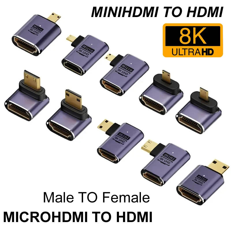 Mini MINIHDMI/Micro HDMI MicroHDMI TO HDMI-Compatible Adapter 90 270 Degree Right Angle Male to Female Converter 8K@60HZ HD Conn