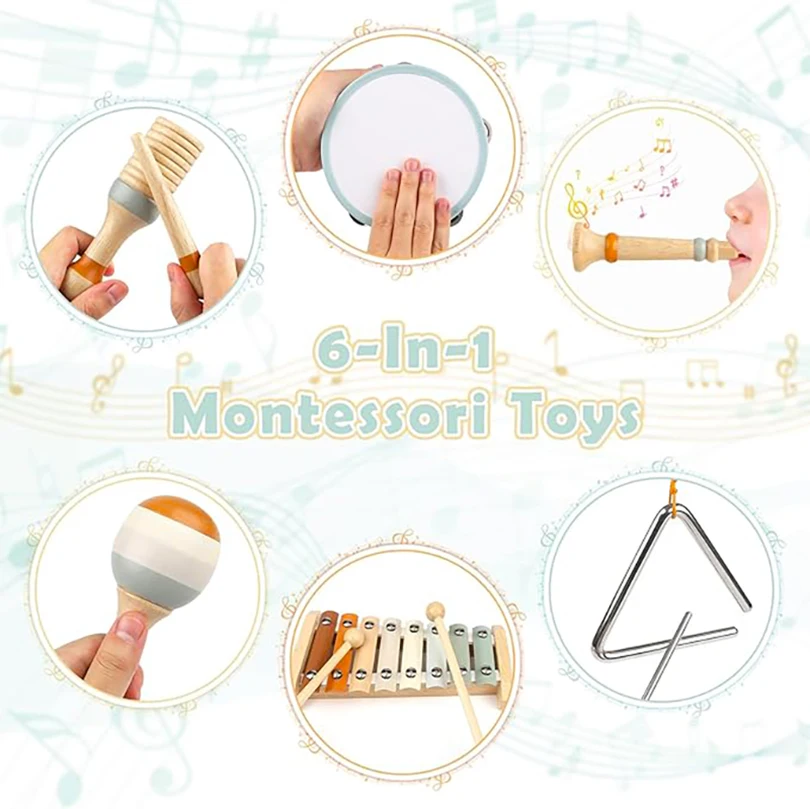 Kit Musical 11-en-1 En Bois – Xylophone, Percussion, Hochet – Montessori – Dès 1 An – Couleurs Neutres