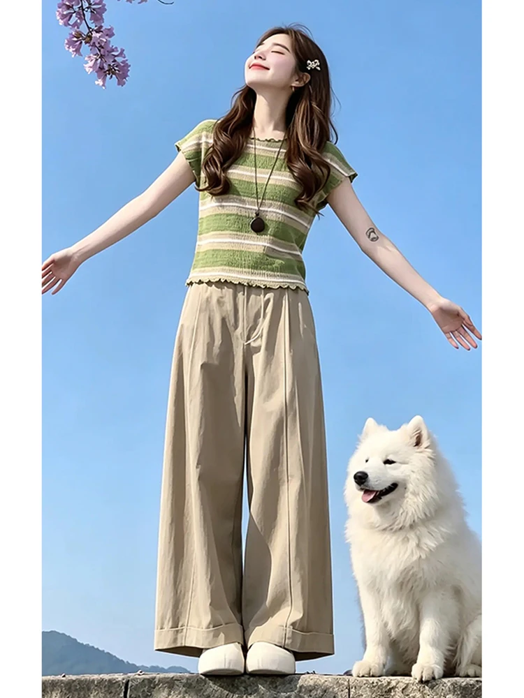 Unique Beautiful Early Summer Ladies Lazy Style Striped Knitted Top Casual Wide Leg Pants Two Piece Set Comfortable Breathable