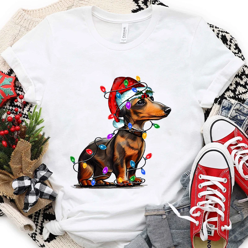 女性用ライト付きクリスマス犬用Tシャツ、ダックスフント、子犬、クリスマスウェア、ホリデーウェア、ママシャツ