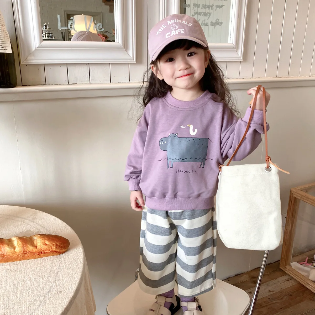 Girls' Big Mouth Hippo Hoodie 2024 Spring Autumn New Small And Medium Children Baby Loose Boys Round Neck Long Sleeved Top