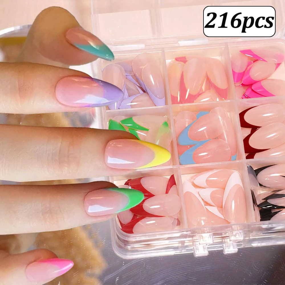 216Pcs Colorful French Nude Pink Almond False Nails Glossy Balck White French Acrylic Press On Nails Simple Full Cover Fake Nail