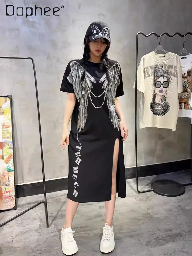 Fashion Brand Wings Rhinestone T-shirt Dress Women 2024 Summer New Hot Drilling Round Neck Short Sleeve Slit Black Long Dresses