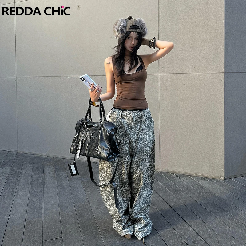 

ReddaChic Colossus Leopard Baggy Jeans for Women Y2k Skater Wide Leg Silhouette Barrel Pants Trousers Retro Harajuku Streetwear