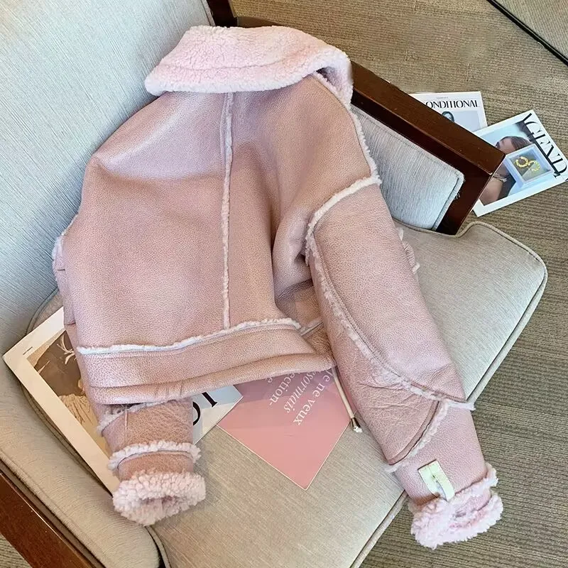 Winter Women Streetwear Faux Lamb Leather pink Fur Lapel Crop Jacket Autumn Female Moto Biker Thick Warm Sheepskin Outwear Coat