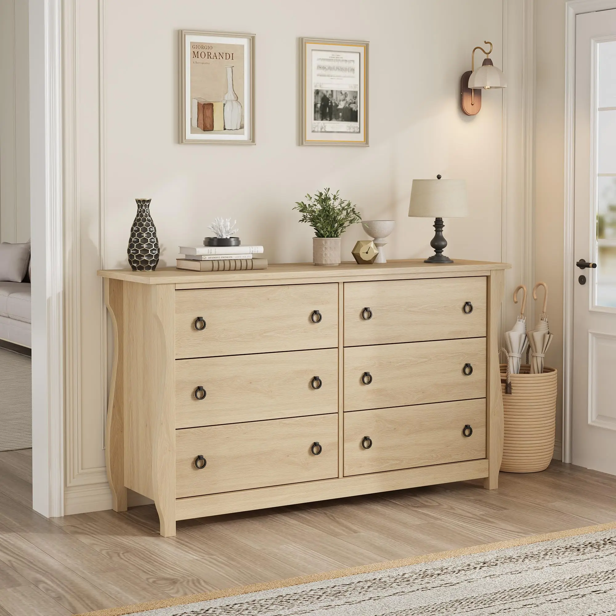Spacious Storage Solution Dresser - Natural Wood 7-Drawer Chest for Bedroom Dining Room - Rattan Accents - Sturdy MDF, Freestanding Organizer - Ideal for Living Room, Entryway, Closet