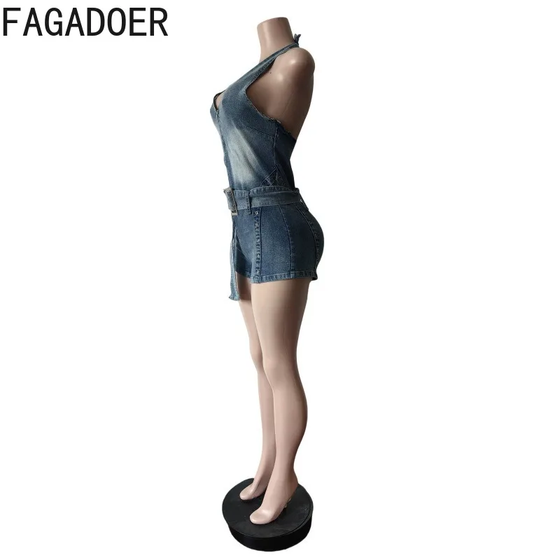 FAGADOER Summer Fashion Denim Bodycon Romper Women Halter V-neck Zipper One Piece Jean Jumpsuits Female Streetwear Overalls New