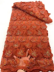 Luxury Lace Fabric 2024 Wedding Dress Embroidery Nigerian Beaded Lace Fabric Sewing High Quality Orange Lace Fabric 5Yard A262-1