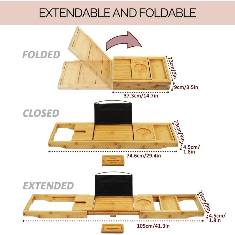 Foldable Bamboo Bathtub Tray Caddy - Expandable Bath Tray for Tub | Secure, Non-Slip Bathtub Caddy Tray