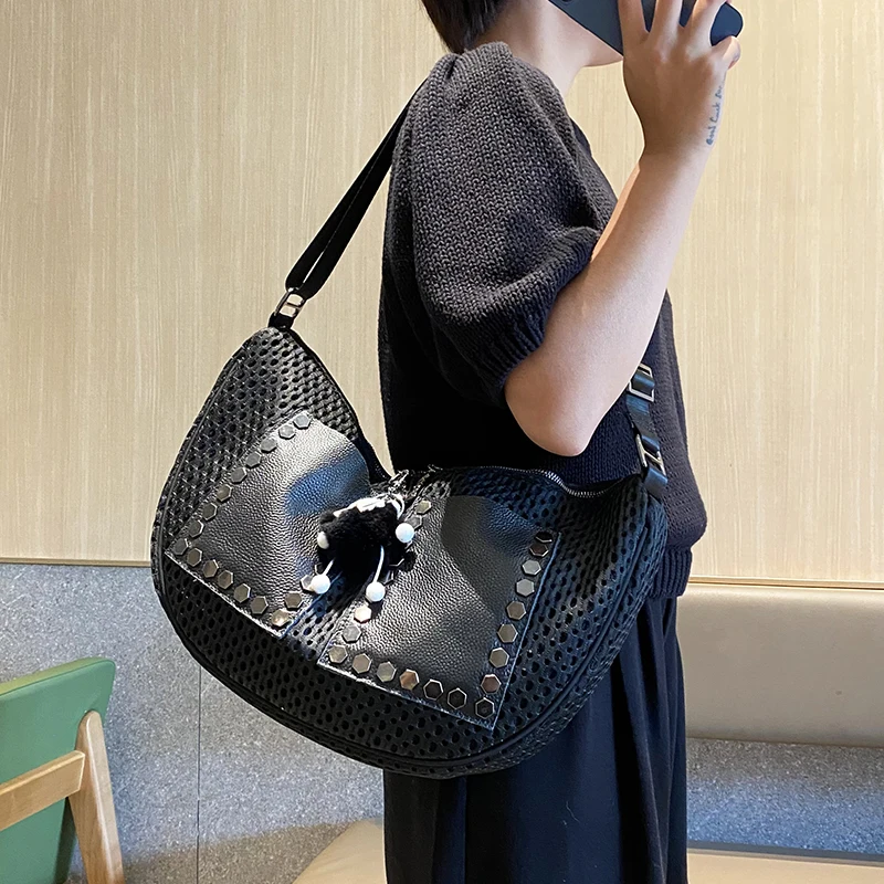 

Mesh with Cowhide Crossbody Bags for Women Trend Large Capacity Purses and Handbags Lightweight Shoulder Bag