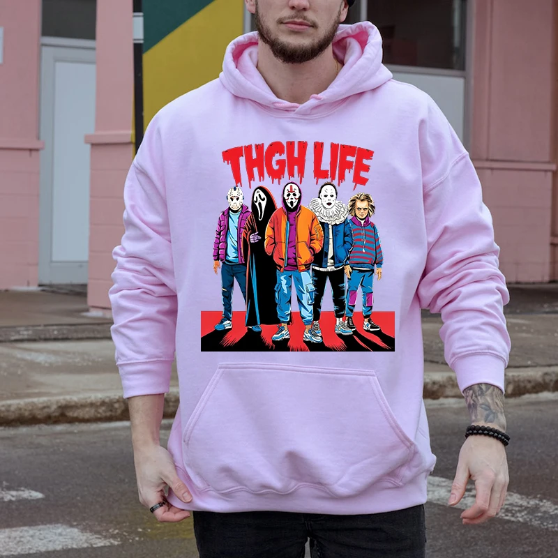

Thug Life Of Halloween Horror Movie Legends Printed Men's Autumn and Winter Hoodie Plus Velvet Sports Sweater Loose Top