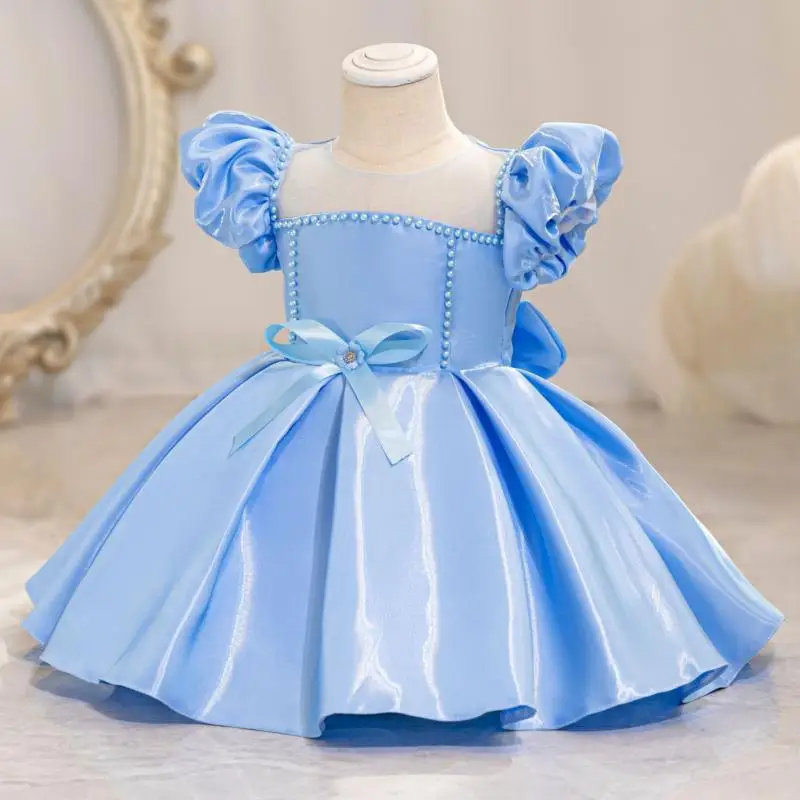 New Girls\' Bead Solid Color Bow Bubble Sleeve Princess Dress Christmas Halloween Birthday Party Fashionable Evening Dress