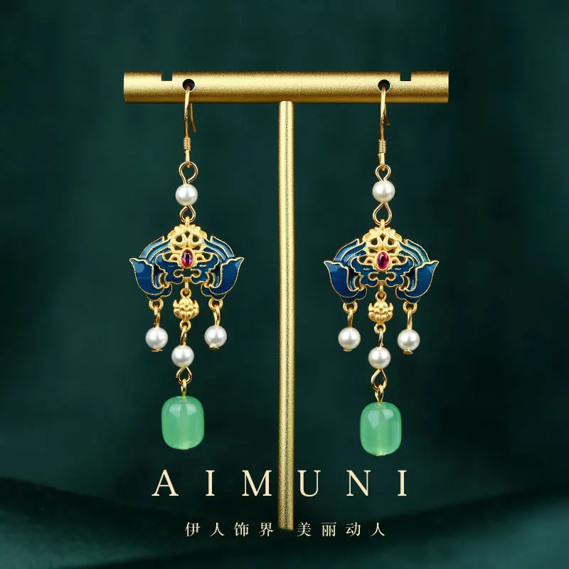 Palace Style Cloisonne Burnt Blue Lucky Pearl Imitation Hetian Jade Tassel Earrings Vintage Cheongsam Hanfu Earrings for Women