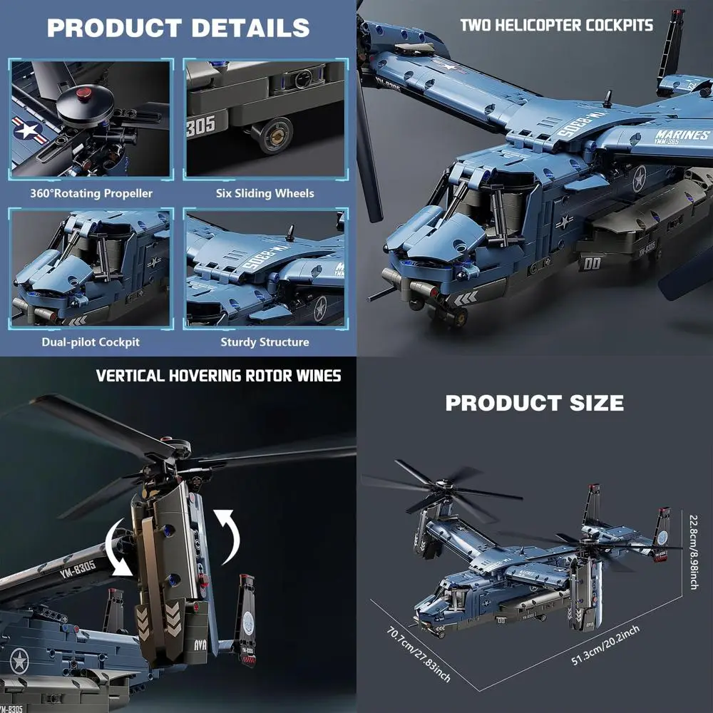 Kit di costruzione per elicotteri V-22 Osprey, giocattolo STEM da 1486 pezzi per adolescenti e adulti, dai 8 anni in su
