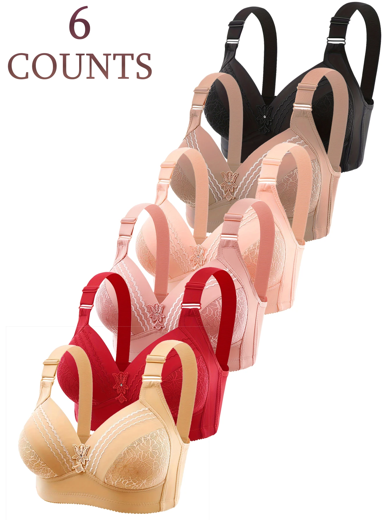 6 pezzi di biancheria intima confortevole senza fili traspirante, tracolla regolabile, set di reggiseno senza cuciture, abbigliamento da donna