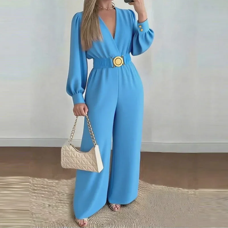 

Fashion Commuting Jumpsuits Belt Lace Up Wide Legger Romper Casual Long Sleeve Women's Autumn Elegant V neck Solid Long Playsuit
