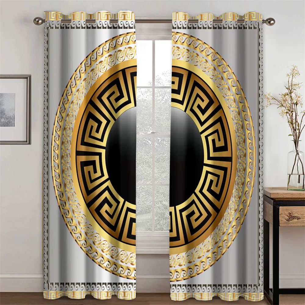 3D Print Modern Luxury Brand Design Black and Gold Pattern Thin Shading Polyester Curtain for Living Room Bedroom Decor Hooks