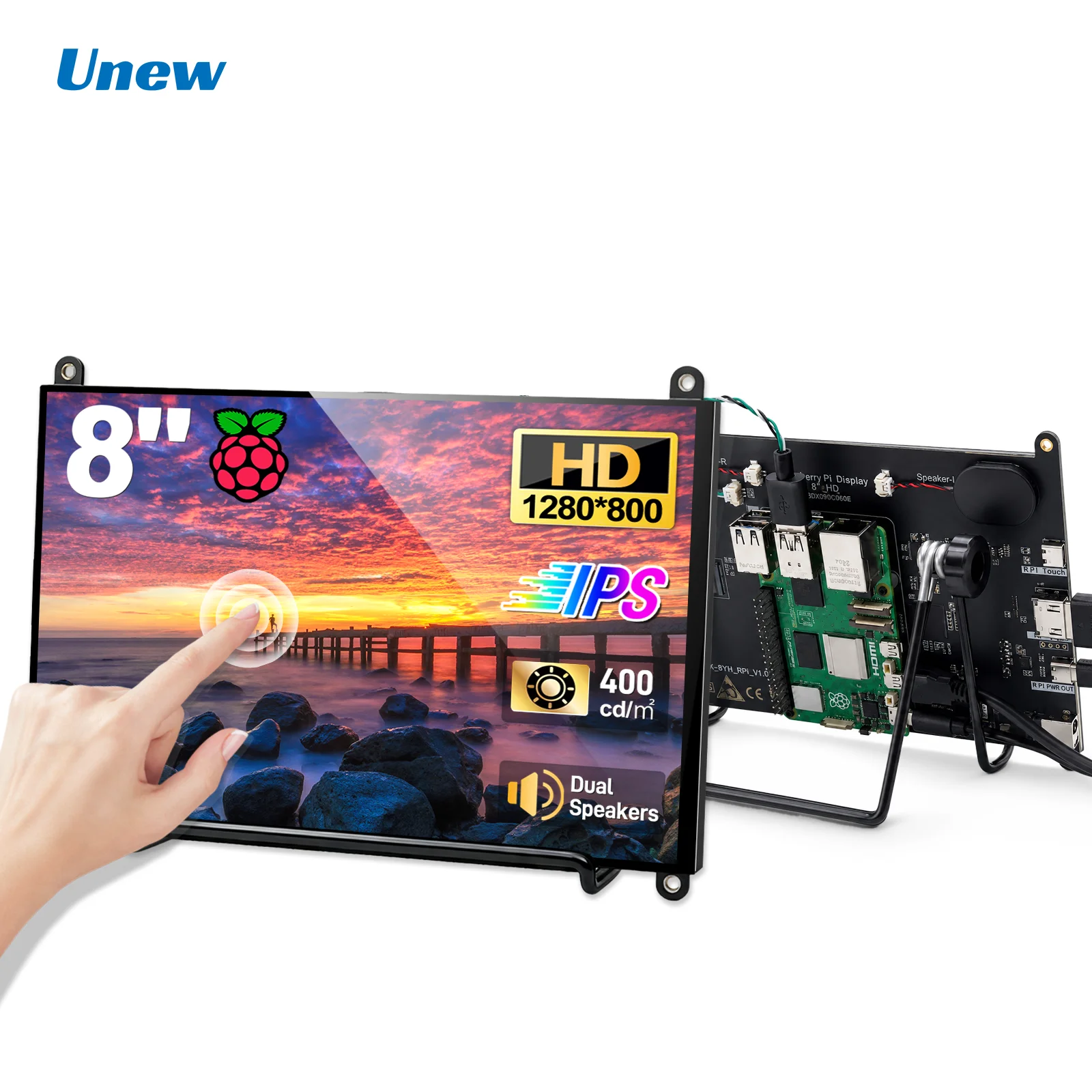 8 inch IPS touchscreen-monitor 1280×800 schermweergave voor Raspberry Pi 5/4/3, ingebouwde luidsprekers, HDMI Type-C